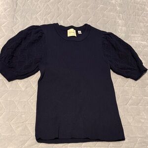 Elle Navy Knit Top with Textured Sleeves